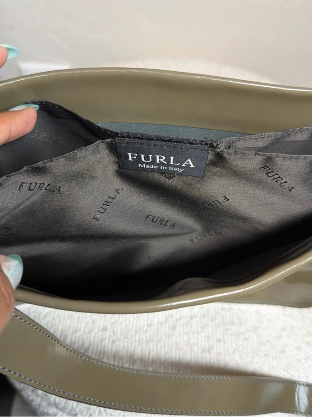 Vintage Furla Patent Leather Shoulder Bag in Taupe Brown - Picture 3 of 3